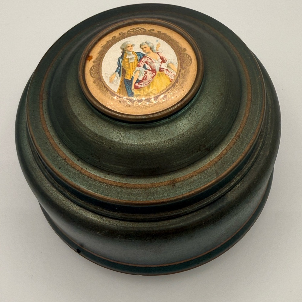 Vintage AluminumMusical Powder/Trinket Box with Painted Victorian Medallion